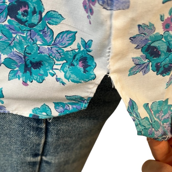 Vintage 90s floral print button down short sleeve shirt white blue M - Picture 12 of 16